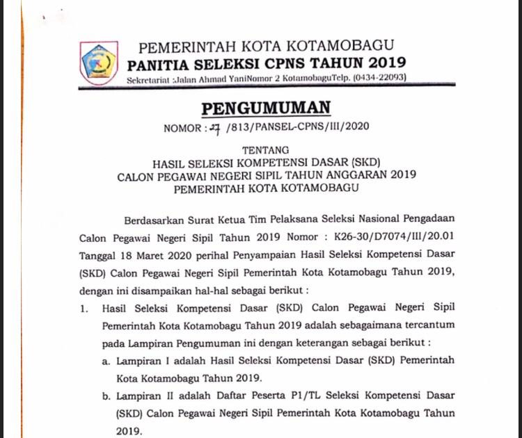 PENGUMUMAN HASIL SKD CPNS FORMASI 2019 PEMERINTAH KOTA KOTAMOBAGU TAHUN ANGGARAN 2020