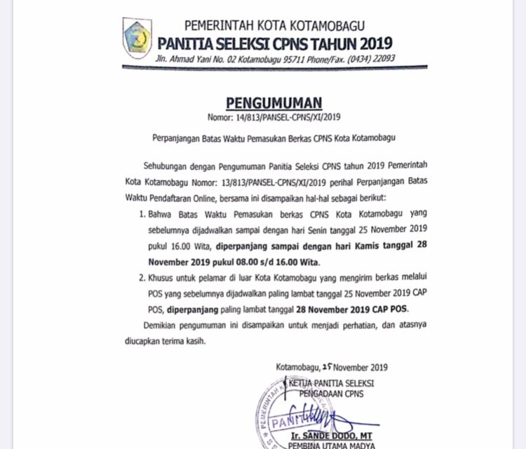 Perpanjangan Pemasukan Berkas Fisik bagi Cpns KK TA 2019