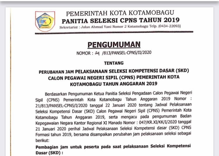 PERUBAHAN JADWAL PELAKSANAAN SKD CPNS PEMERINTAH KOTA KOTAMOBAGU TA 2019