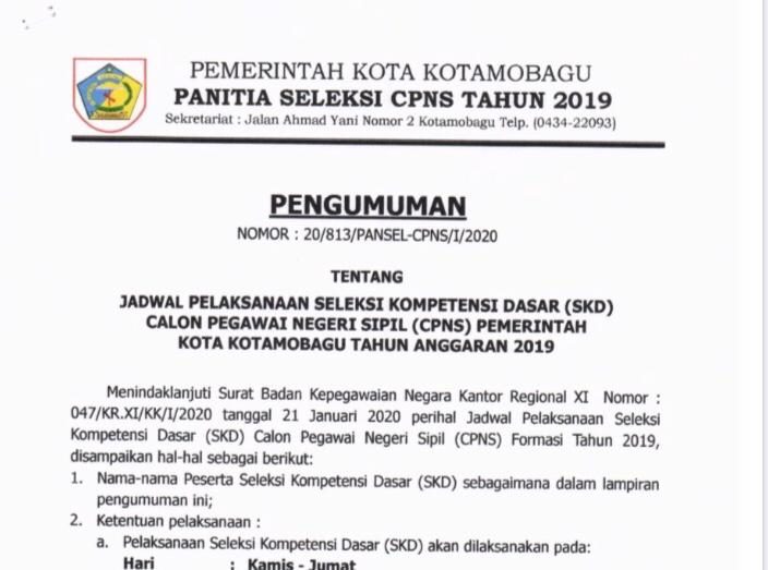 JADWAL PELAKSANAAN SELEKSI KOMPETENSI DASAR (SKD) CALON PEGAWAI NEGERI SIPIL PEMERINTAH KOTA KOTAMOBAGU TAHUN ANGGARAN 2019