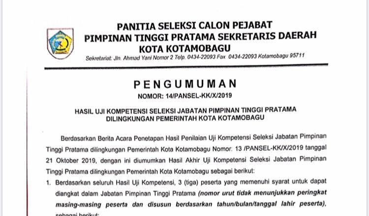 PENGUMUMAN HASIL SELEKSI JPT DI LINGKUNGAN PEMERINTAH KOTA KOTAMOBAGU