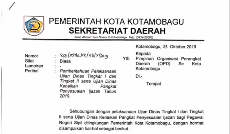 Surat pemberitahuan pelaksanaan ujian dinas Tingkat I dan Tingkat II serta ujian Dinas Kenaikan Pangkat Penyesuaian Ijazah