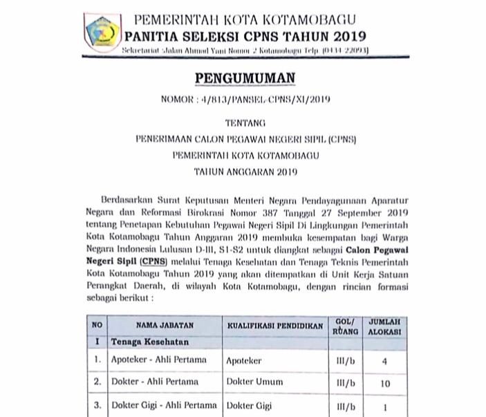 PENGUMUMAN PERSYARATAN PENERIMAAN CPNS PEMERINTAH KOTA KOTAMOBAGU TAHUN 2019