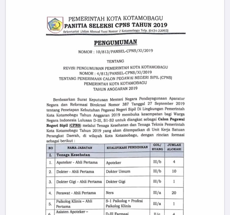Revisi Pengumuman Pemerintah Kota Kotamobagu Tentang Penerimaan CPNS TA 2019