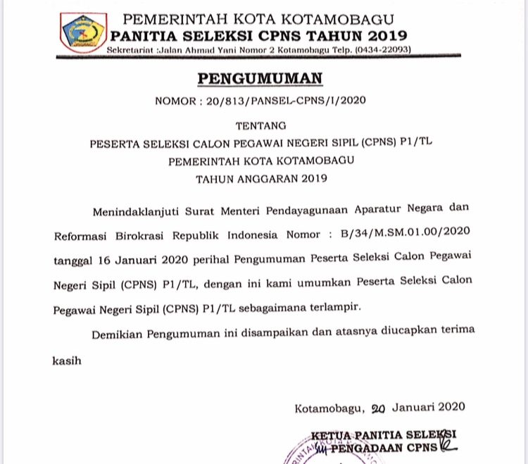 Pengumuman Peserta Seleksi Calon Pegawai Negeri Sipil (CPNS) P1/TL Pemerintah Kota Kotamobagu Tahun 2019