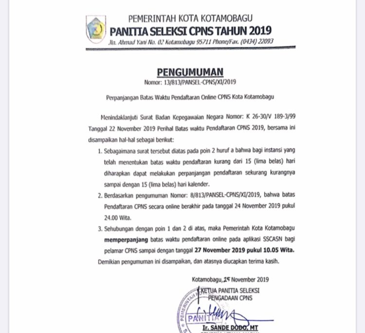 Perpanjangan pendaftaran online CPNS KK TA 2019