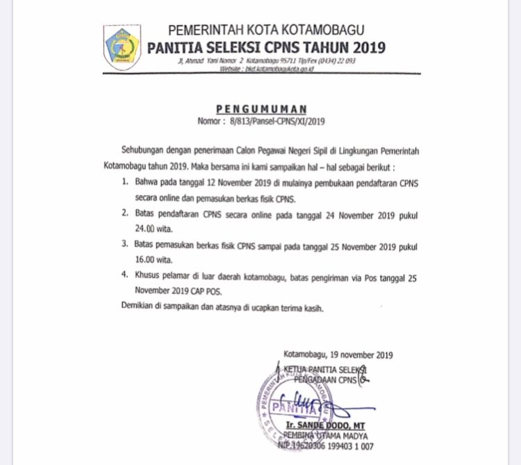 Pengumuman Panitia Seleksi CPNS Kota Kotamobagu Tahun 2019