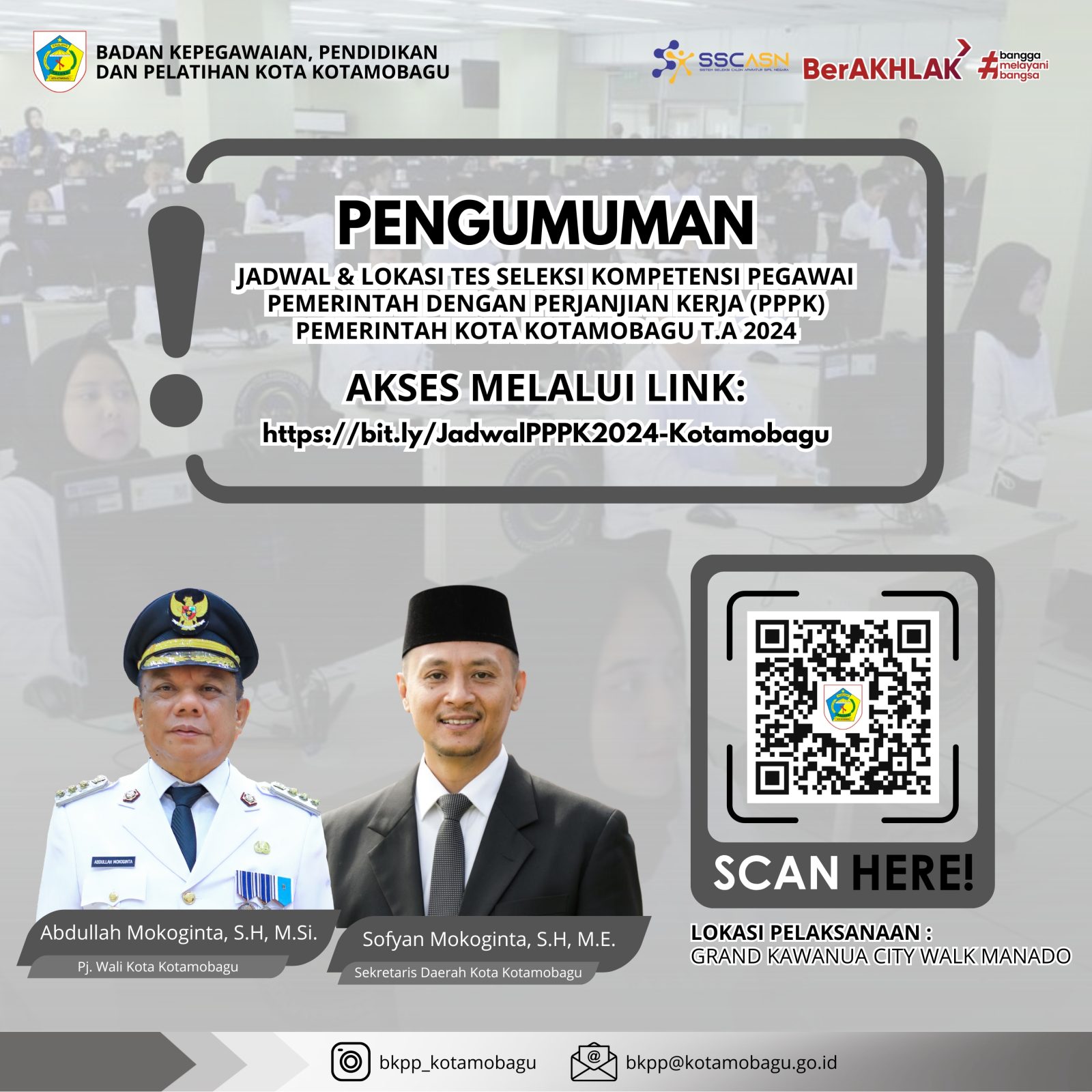 Pengumuman Jadwal, Lokasi & Tata Tertib Pelaksanaan Seleksi Kompetensi Pengadaan PPPK T.A 2024 di Lingkungan Pemerintah Kota Kotamobagu