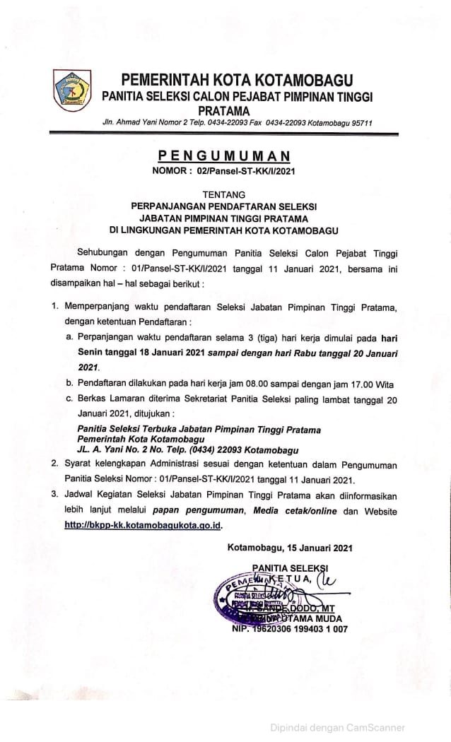 Perpanjangan Pendaftaran Seleksi JPT Pemerintah Kota Kotamobagu Tahun 2021