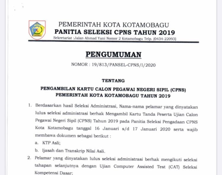 Berikut jadwal pengambilan kartu tanda peserta ujian CPNS KK TA 2019