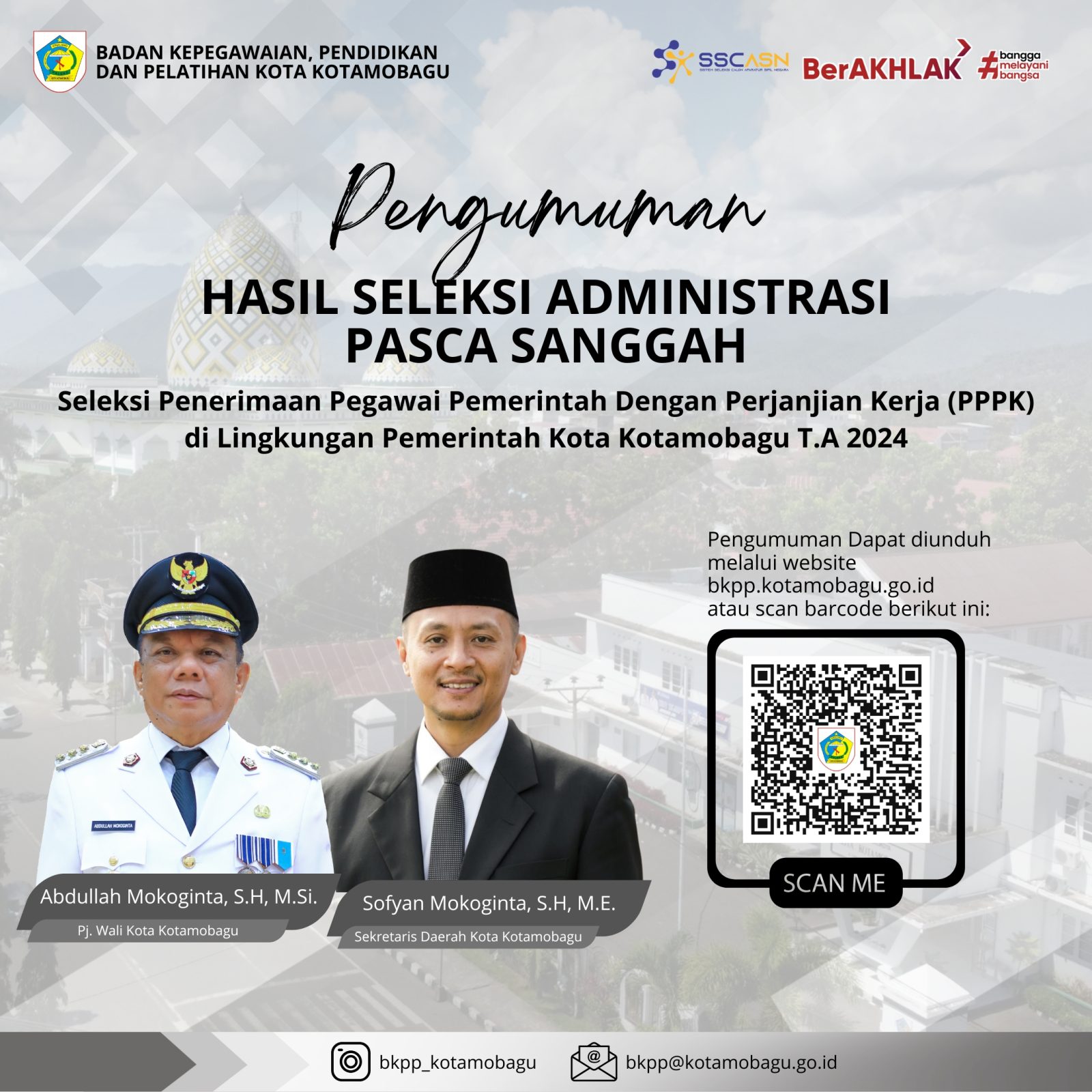 Pengumuman Hasil Seleksi Administrasi Pasca Sanggah Pegawai Pemerintah dengan Perjanjian Kerja (PPPK) di Lingkungan Pemerintah Kota Kotamobagu Tahun Anggaran 2024
